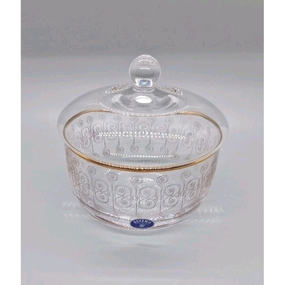 Bohemia Czech Rep Hand Made Glass Hand Painted Gold Trim Crystal Bowl Dish w Lid
